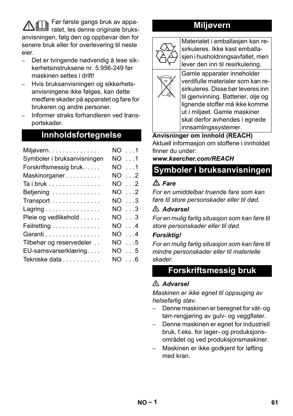 Norsk, Innholdsfortegnelse, Miljøvern | Symboler i bruksanvisningen forskriftsmessig bruk | Karcher IVC 60-12-1 Tact EC User Manual | Page 61 / 188