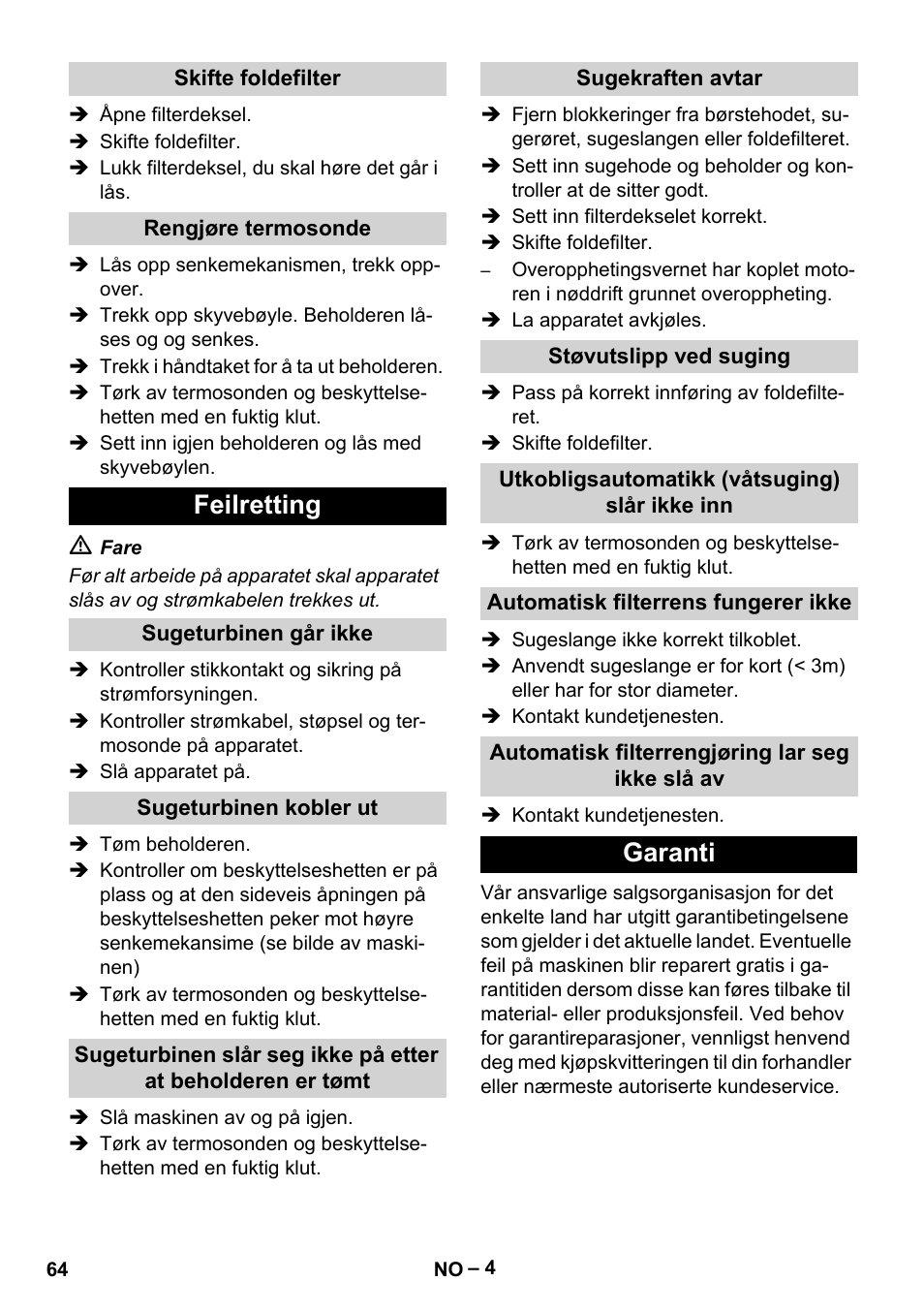 Feilretting, Garanti | Karcher IVC 60-12-1 Tact EC User Manual | Page 64 / 188