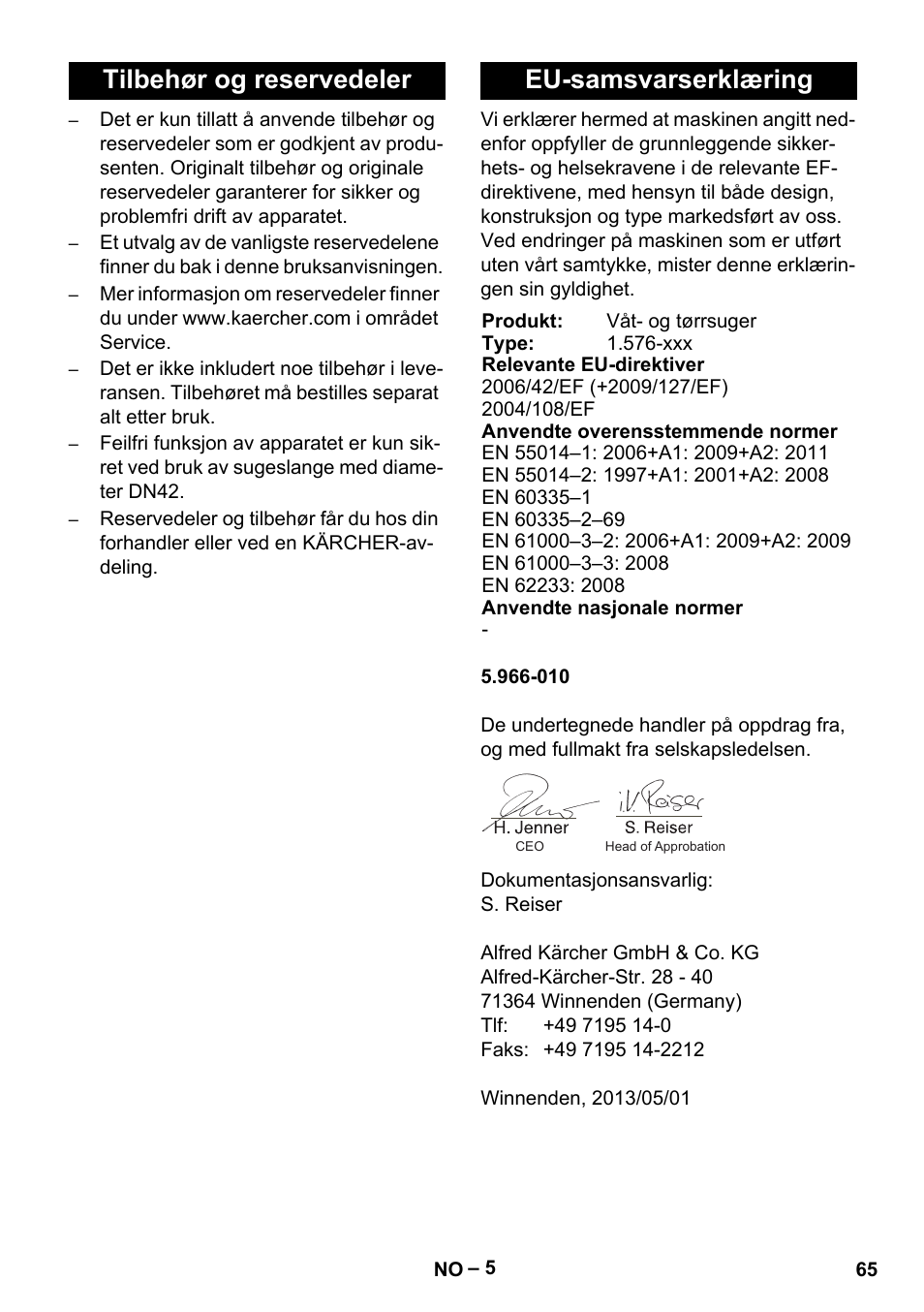 Tilbehør og reservedeler eu-samsvarserklæring | Karcher IVC 60-12-1 Tact EC User Manual | Page 65 / 188