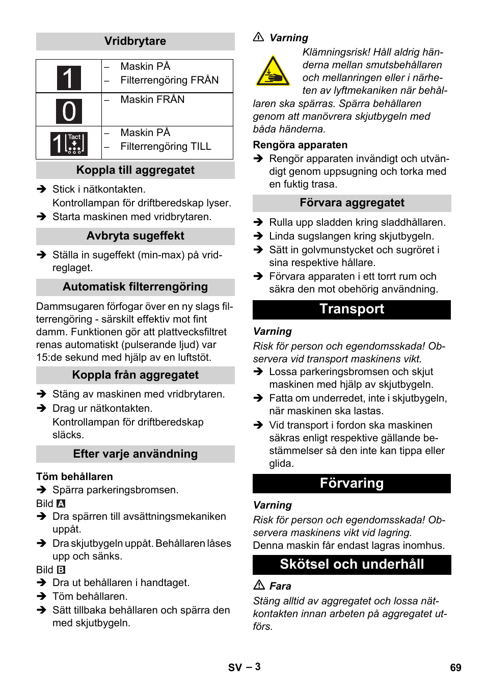 Transport förvaring skötsel och underhåll | Karcher IVC 60-12-1 Tact EC User Manual | Page 69 / 188