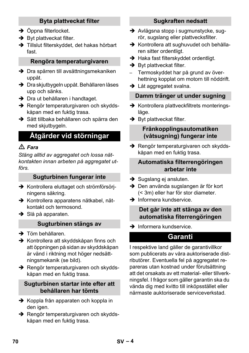 Åtgärder vid störningar, Garanti | Karcher IVC 60-12-1 Tact EC User Manual | Page 70 / 188