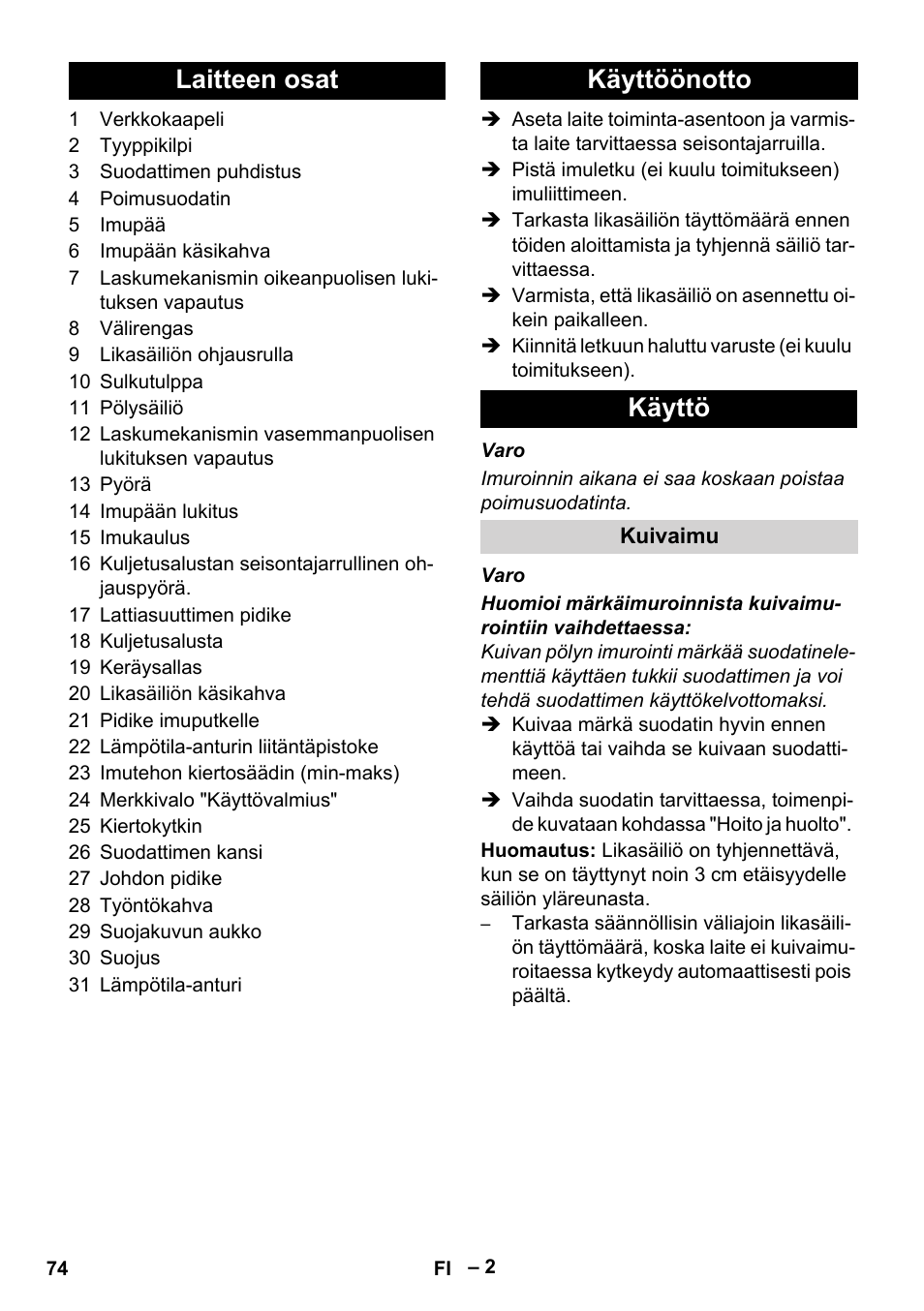 Laitteen osat käyttöönotto käyttö | Karcher IVC 60-12-1 Tact EC User Manual | Page 74 / 188