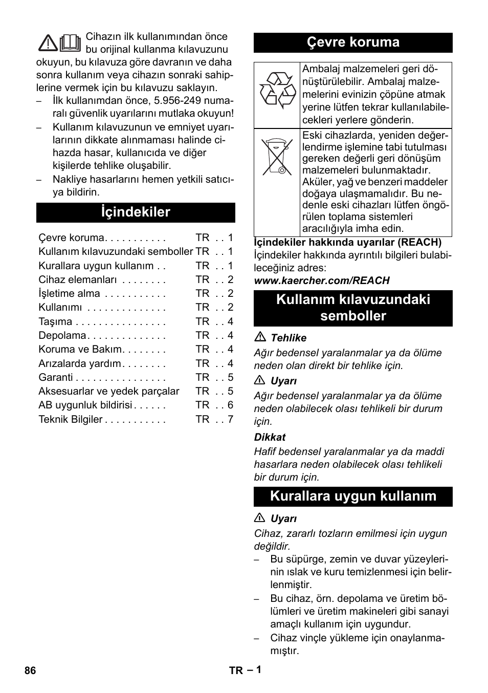 Türkçe, Içindekiler, Çevre koruma | Karcher IVC 60-12-1 Tact EC User Manual | Page 86 / 188