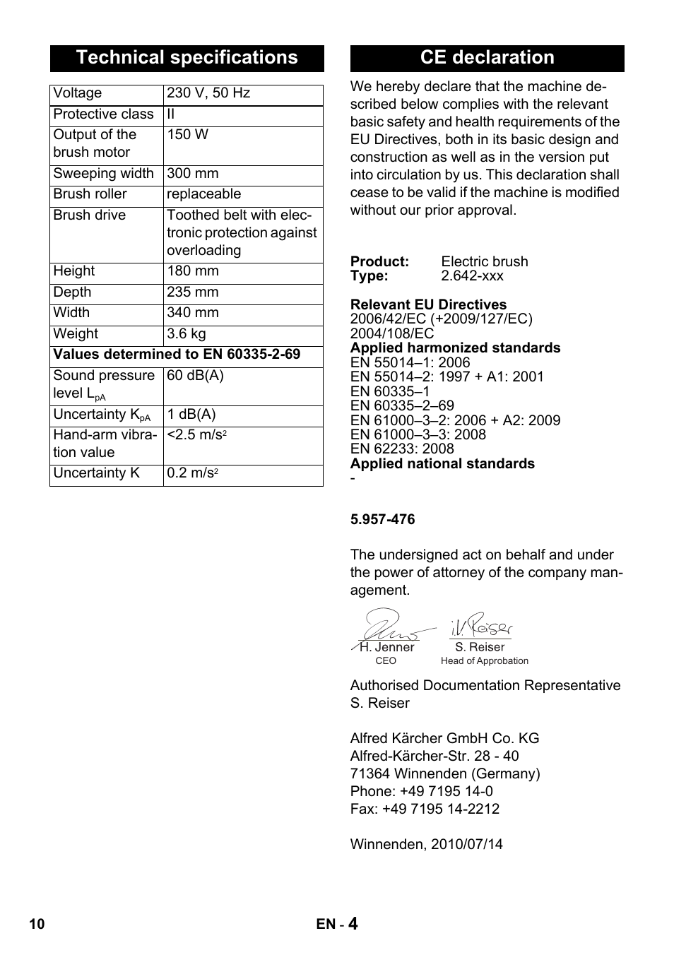 Technical specifications, Ce declaration | Karcher T 15-1 + ESB 34 User Manual | Page 10 / 116
