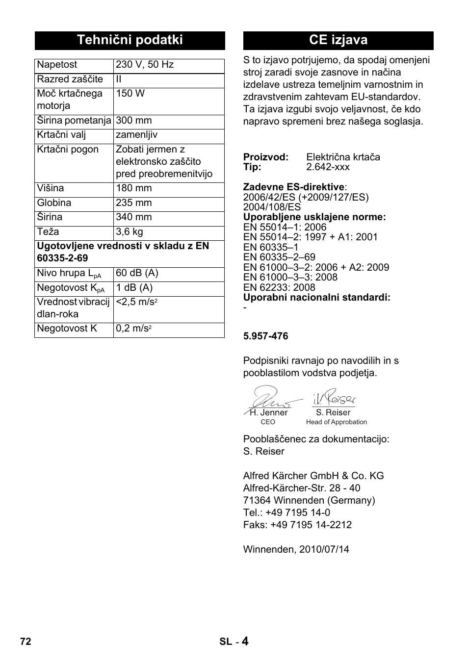 Tehnični podatki, Ce izjava | Karcher T 15-1 + ESB 34 User Manual | Page 72 / 116