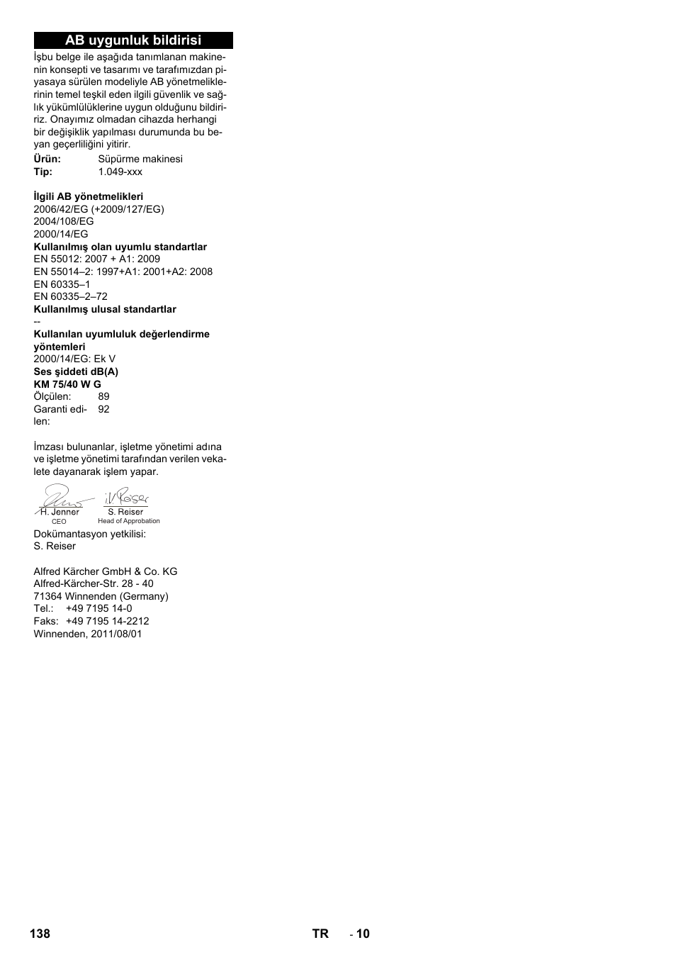 Ab uygunluk bildirisi | Karcher KM 75-40 W P User Manual | Page 138 / 284