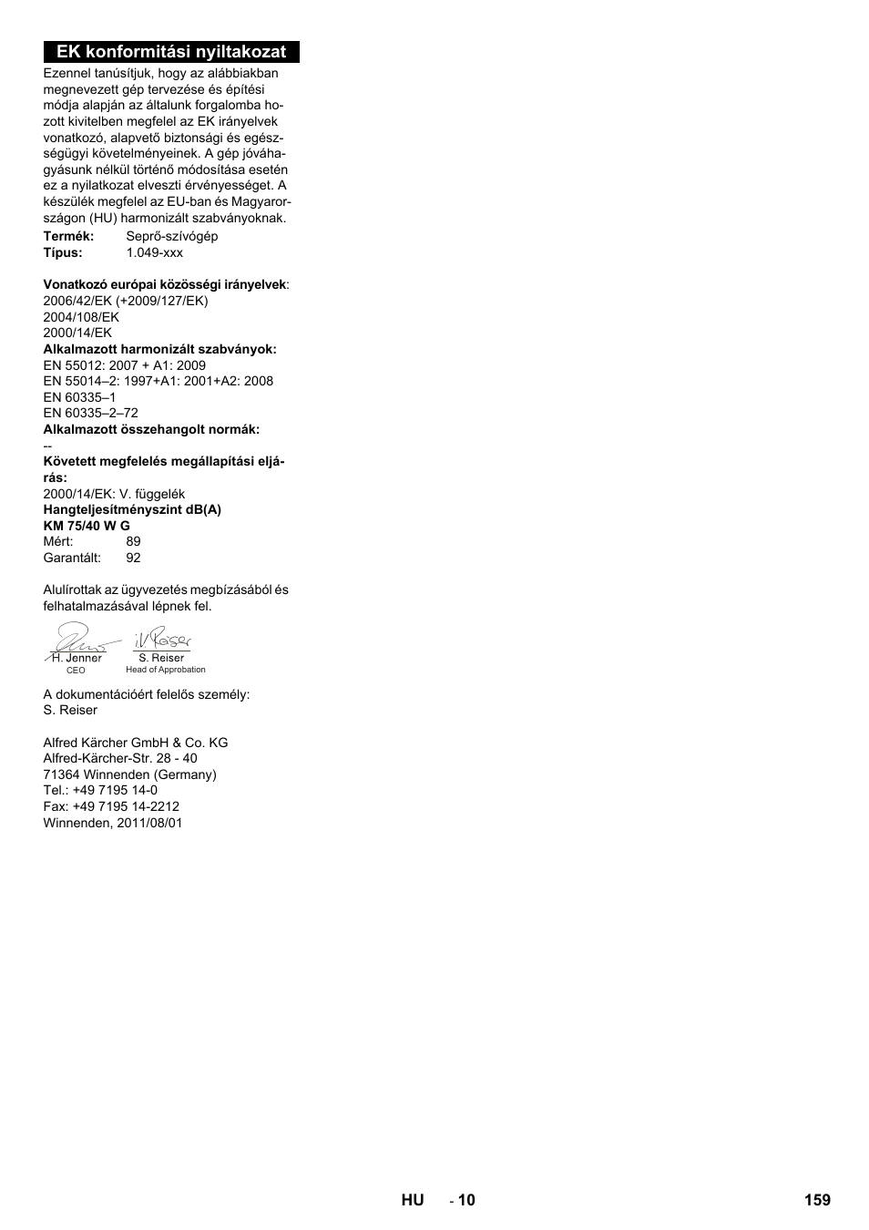 Ek konformitási nyiltakozat | Karcher KM 75-40 W P User Manual | Page 159 / 284