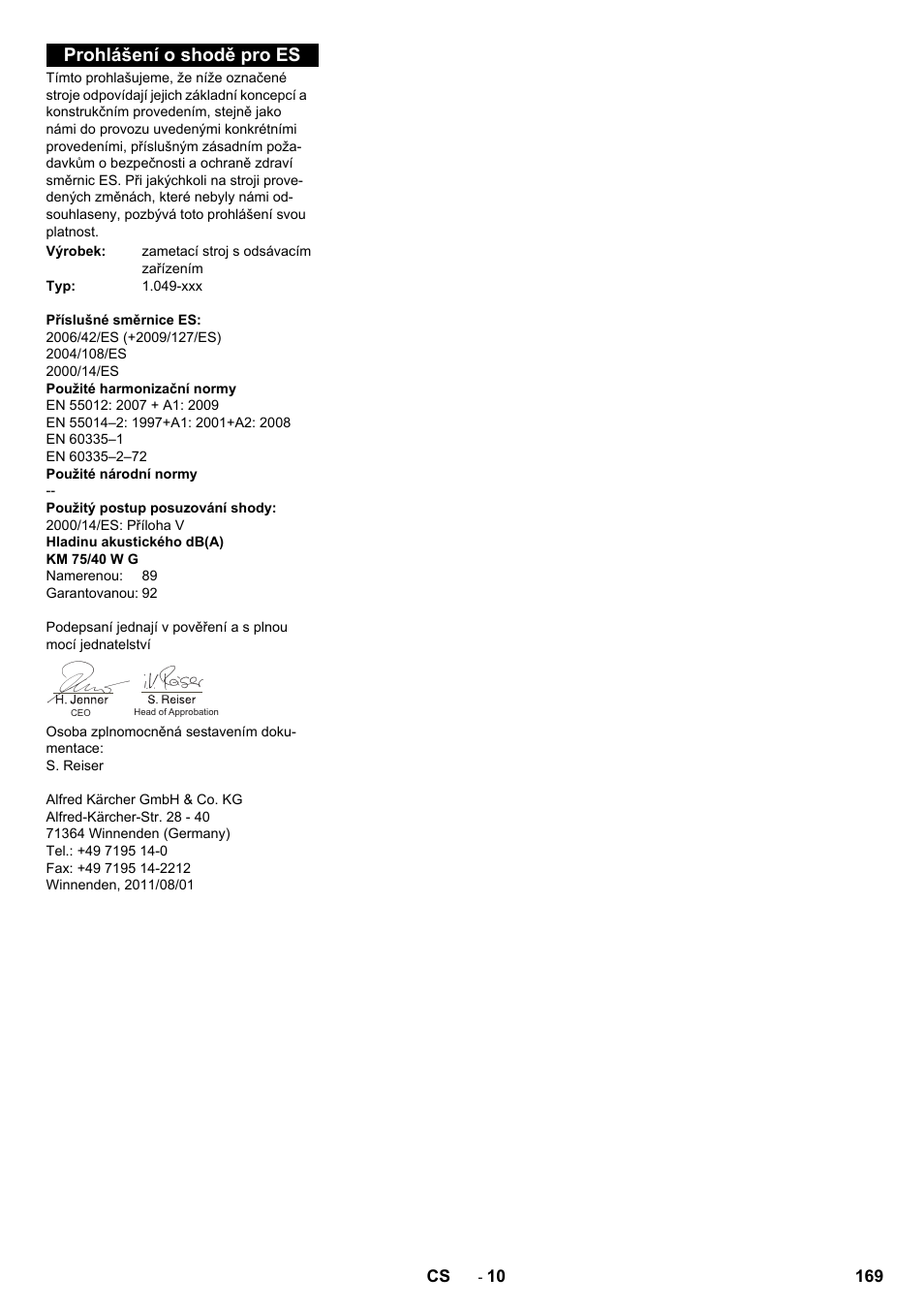 Prohlášení o shodě pro es | Karcher KM 75-40 W P User Manual | Page 169 / 284