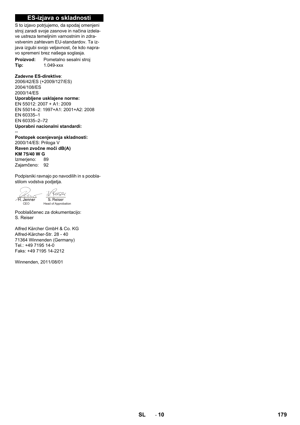 Es-izjava o skladnosti | Karcher KM 75-40 W P User Manual | Page 179 / 284