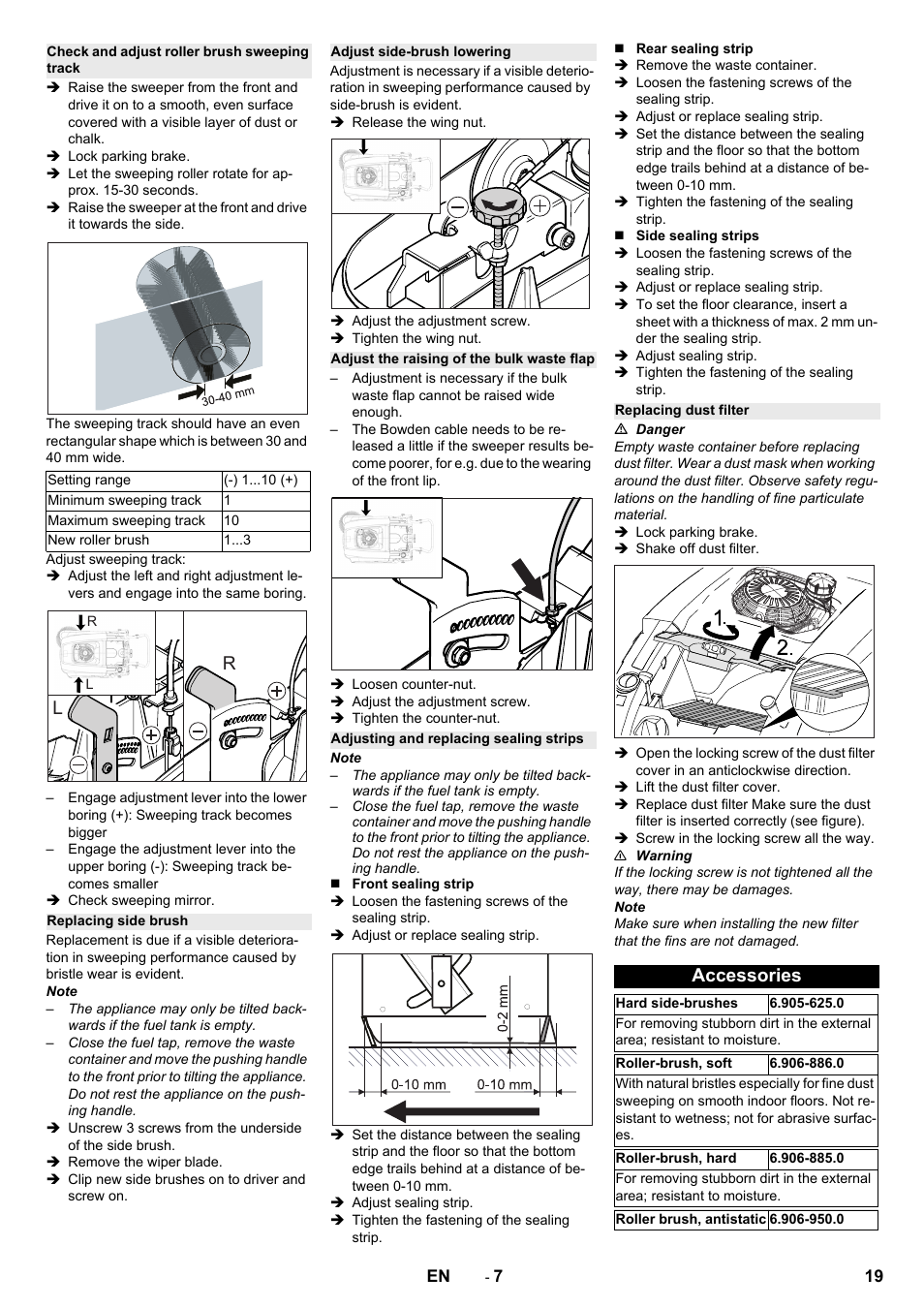 Check and adjust roller brush sweeping track, Replacing side brush, Adjust side-brush lowering | Adjust the raising of the bulk waste flap, Adjusting and replacing sealing strips, Replacing dust filter, Accessories | Karcher KM 75-40 W P User Manual | Page 19 / 284