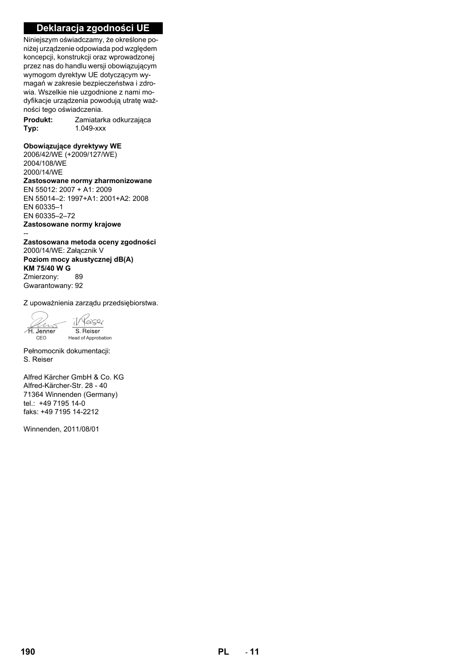 Deklaracja zgodności ue | Karcher KM 75-40 W P User Manual | Page 190 / 284