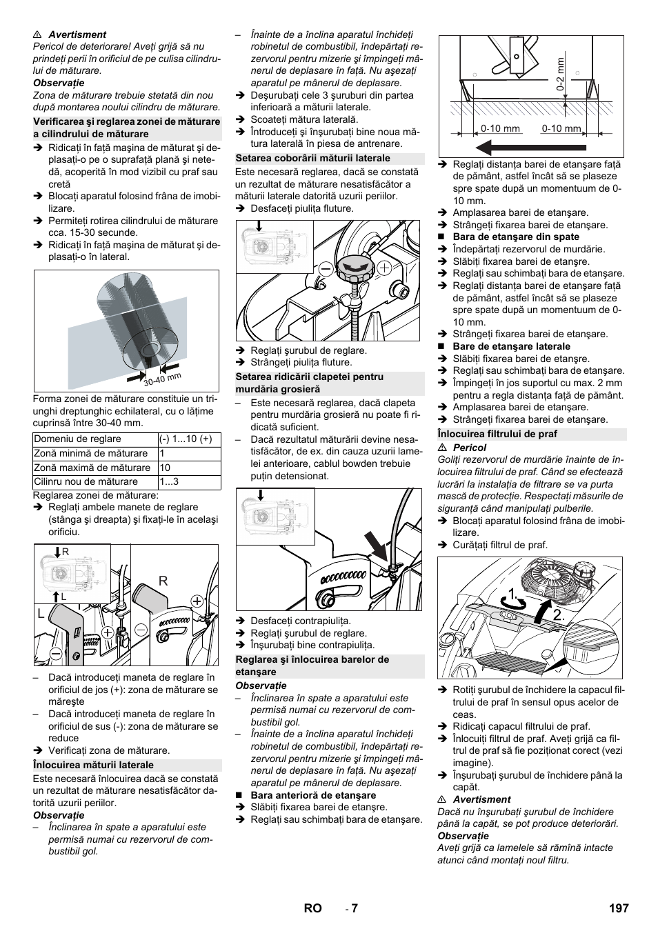 Înlocuirea măturii laterale, Setarea coborârii măturii laterale, Reglarea şi înlocuirea barelor de etanşare | Înlocuirea filtrului de praf | Karcher KM 75-40 W P User Manual | Page 197 / 284