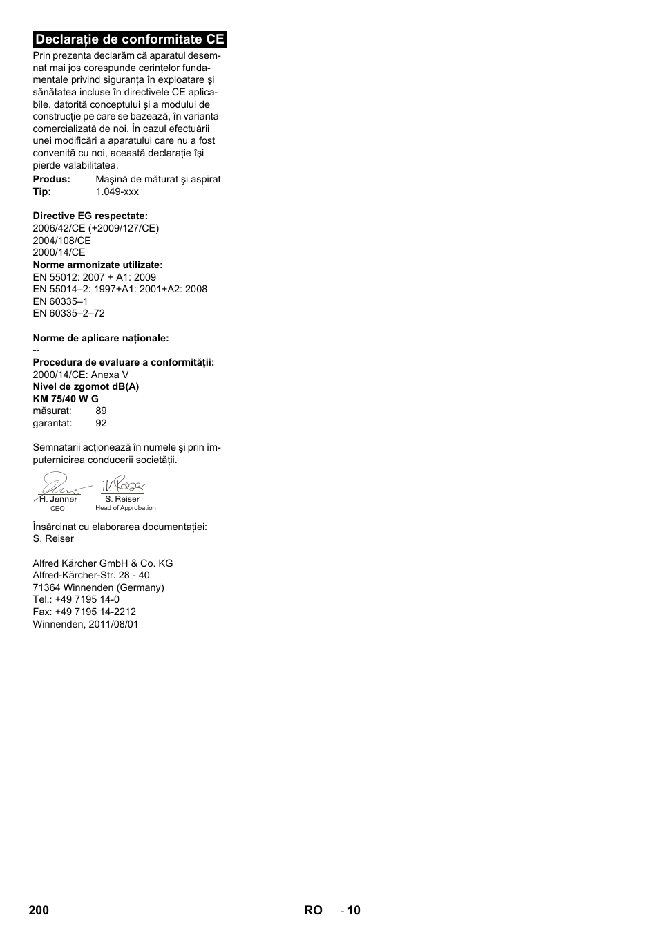Declaraţie de conformitate ce | Karcher KM 75-40 W P User Manual | Page 200 / 284