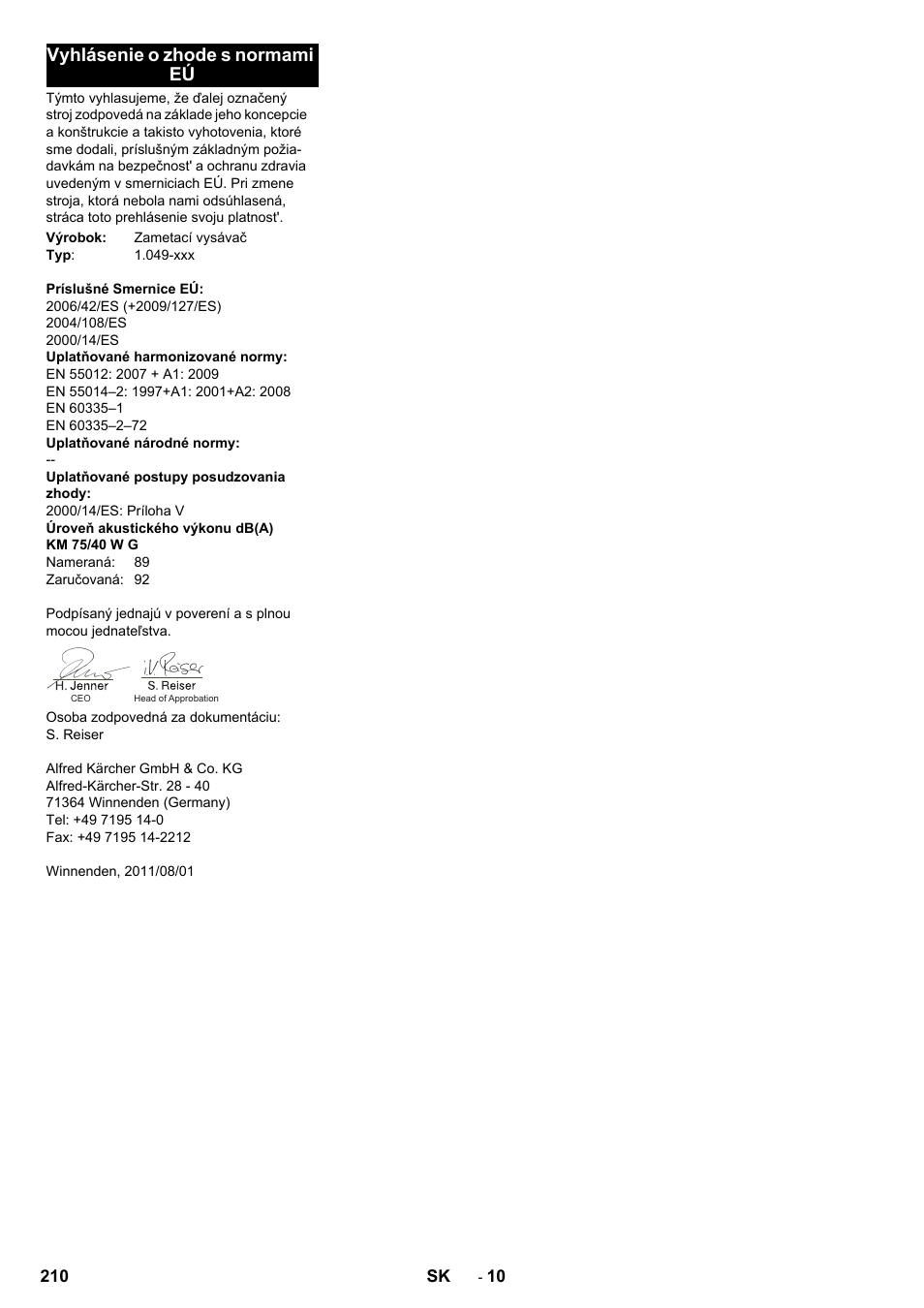 Vyhlásenie o zhode s normami eú | Karcher KM 75-40 W P User Manual | Page 210 / 284