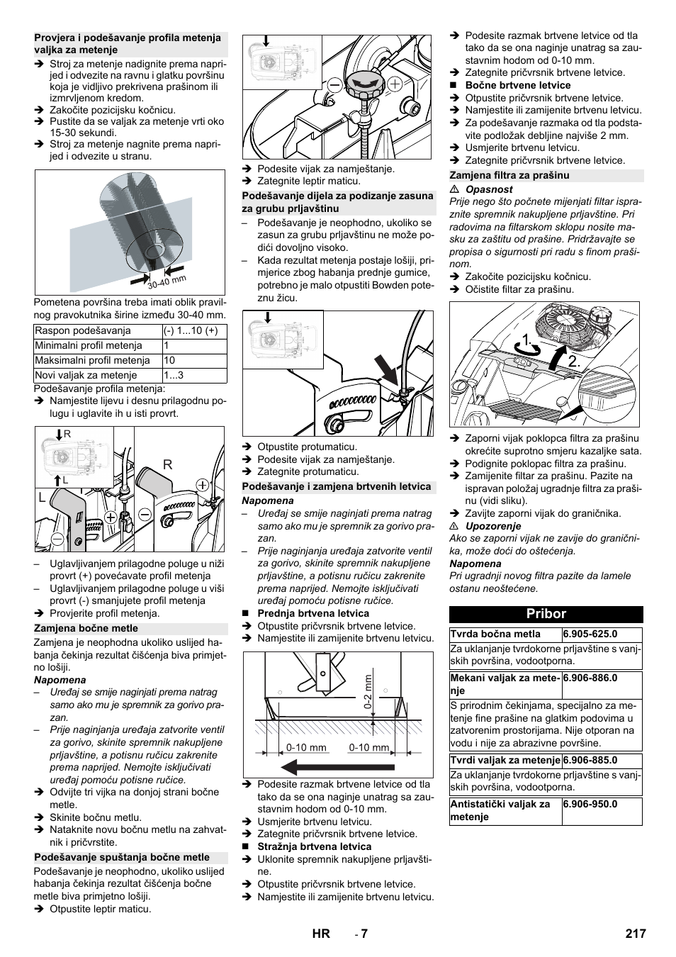 Zamjena bočne metle, Podešavanje spuštanja bočne metle, Podešavanje i zamjena brtvenih letvica | Zamjena filtra za prašinu, Pribor | Karcher KM 75-40 W P User Manual | Page 217 / 284