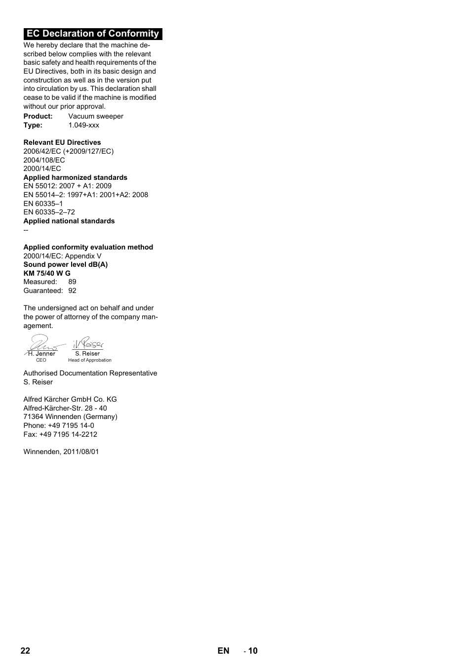 Ec declaration of conformity | Karcher KM 75-40 W P User Manual | Page 22 / 284