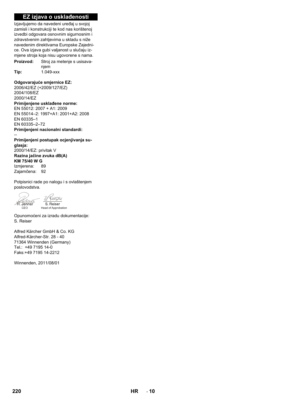 Ez izjava o usklađenosti | Karcher KM 75-40 W P User Manual | Page 220 / 284