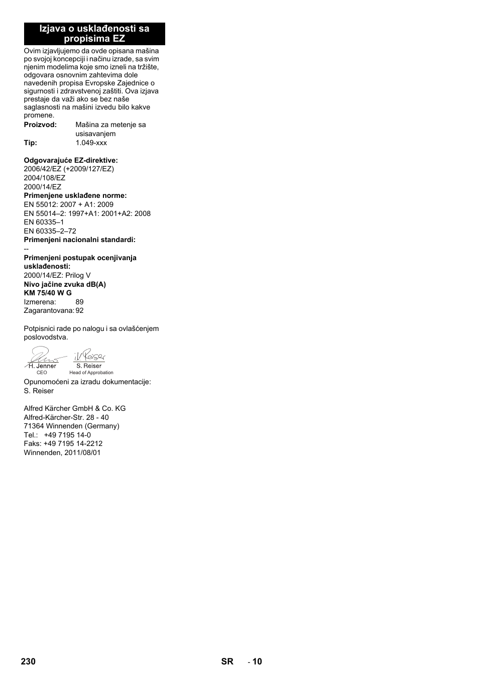 Izjava o usklađenosti sa propisima ez | Karcher KM 75-40 W P User Manual | Page 230 / 284
