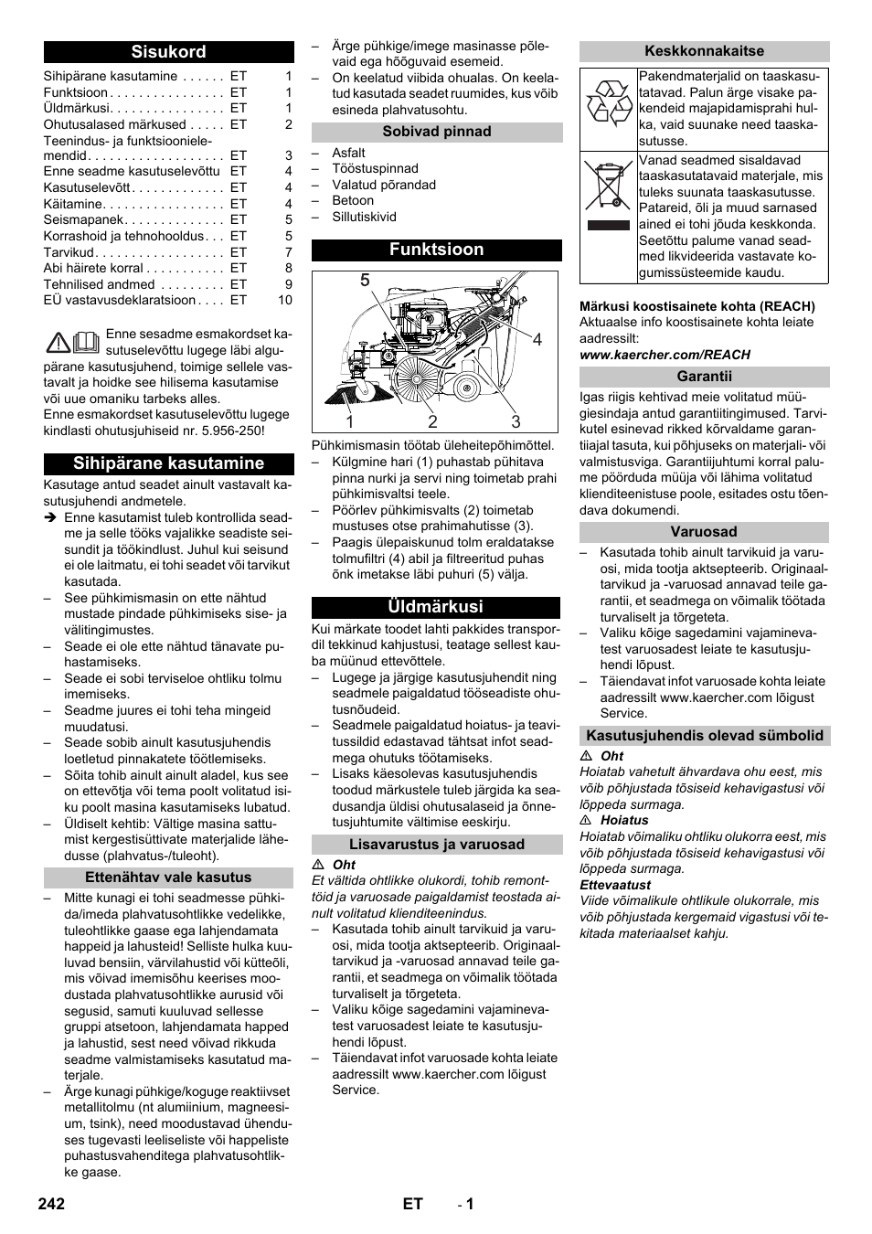 Eesti, Sisukord, Sihipärane kasutamine | Ettenähtav vale kasutus, Sobivad pinnad, Funktsioon, Üldmärkusi, Lisavarustus ja varuosad, Keskkonnakaitse, Garantii | Karcher KM 75-40 W P User Manual | Page 242 / 284