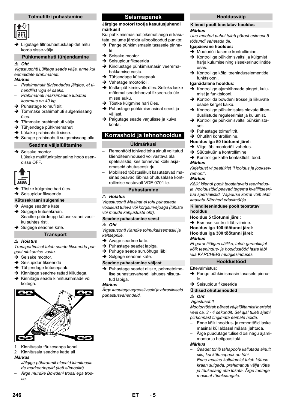 Tolmufiltri puhastamine, Pühkmemahuti tühjendamine, Seadme väljalülitamine | Kütusekraani sulgemine, Transport, Seismapanek, Korrashoid ja tehnohooldus, Üldmärkusi, Puhastamine, Seadme puhastamine seest | Karcher KM 75-40 W P User Manual | Page 246 / 284