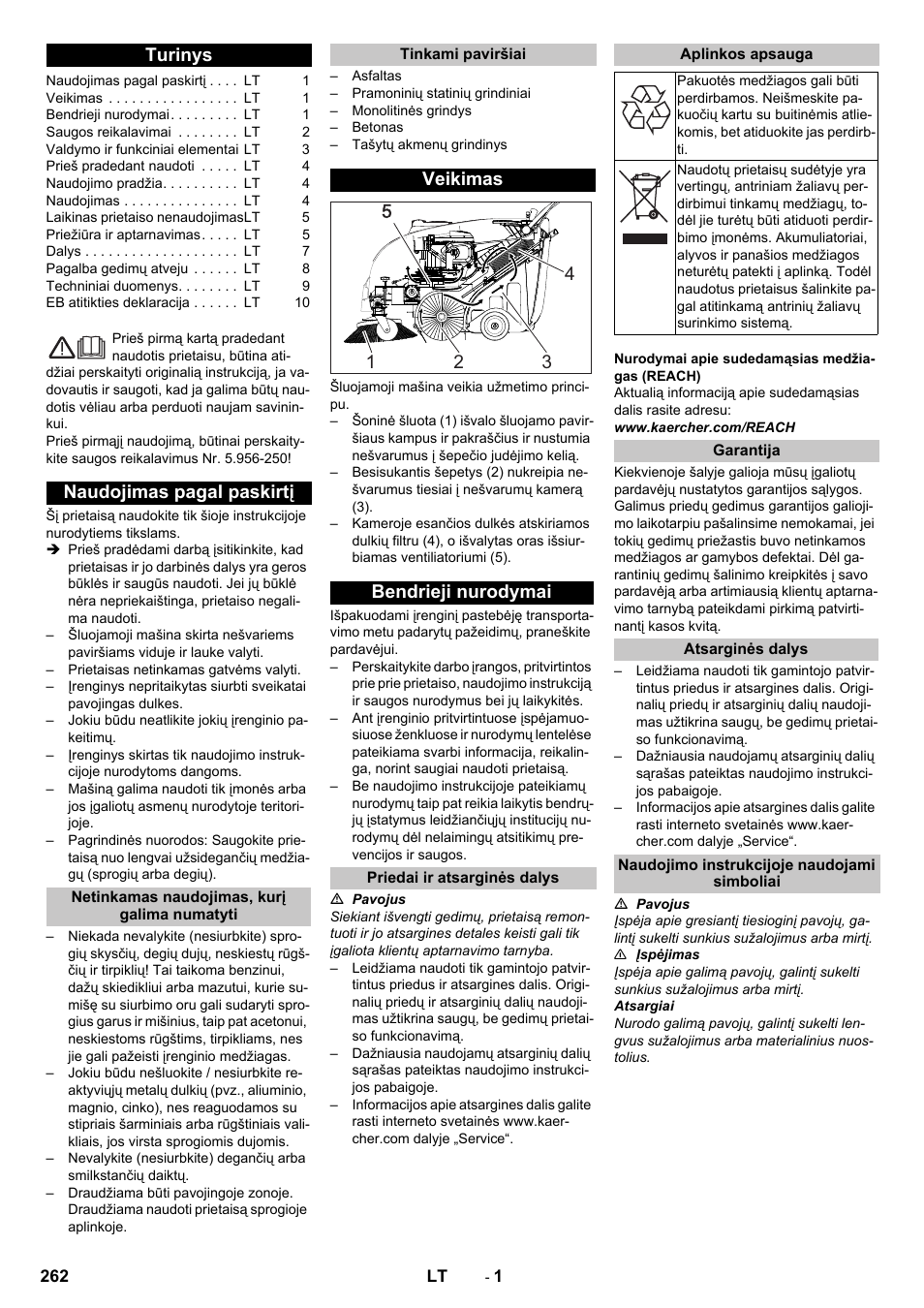 Lietuviškai, Turinys, Naudojimas pagal paskirtį | Netinkamas naudojimas, kurį galima numatyti, Tinkami paviršiai, Veikimas, Bendrieji nurodymai, Priedai ir atsarginės dalys, Aplinkos apsauga, Garantija | Karcher KM 75-40 W P User Manual | Page 262 / 284