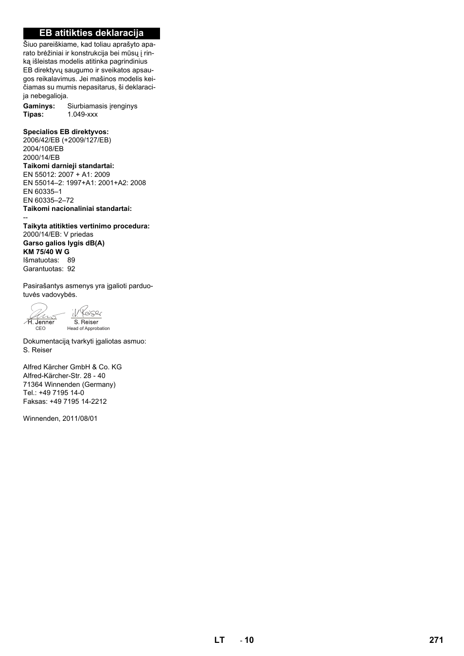 Eb atitikties deklaracija | Karcher KM 75-40 W P User Manual | Page 271 / 284