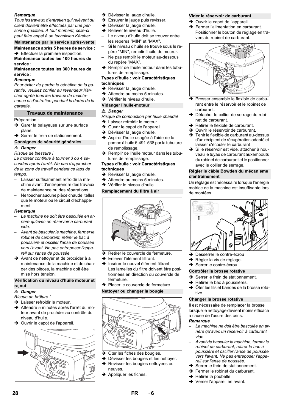 Maintenance par le service après-vente, Travaux de maintenance, Consignes de sécurité générales | Vérification du niveau d'huile moteur et rajout, Vidanger l'huile-moteur, Remplacement du filtre à air, Nettoyer ou changer la bougie, Vider le réservoir de carburant, Régler le câble bowden du mécanisme d'entraînement, Contrôler la brosse rotative | Karcher KM 75-40 W P User Manual | Page 28 / 284