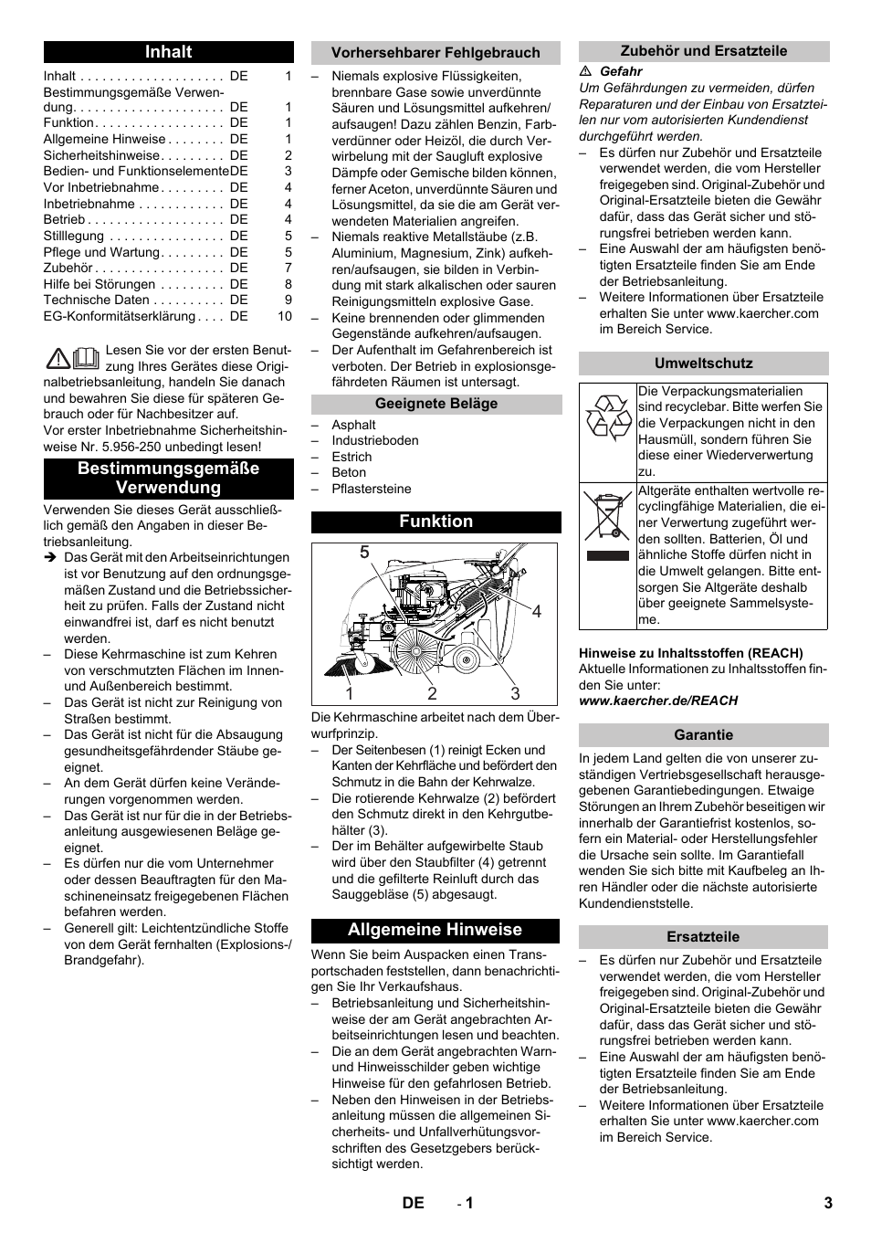 Deutsch, Inhalt, Bestimmungsgemäße verwendung | Vorhersehbarer fehlgebrauch, Geeignete beläge, Funktion, Allgemeine hinweise, Zubehör und ersatzteile, Umweltschutz, Garantie | Karcher KM 75-40 W P User Manual | Page 3 / 284
