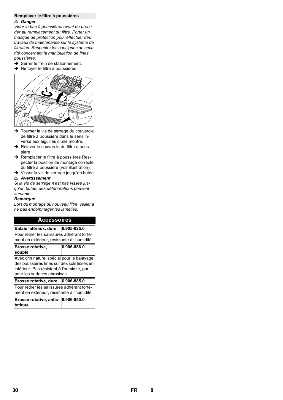 Remplacer le filtre à poussières, Accessoires | Karcher KM 75-40 W P User Manual | Page 30 / 284