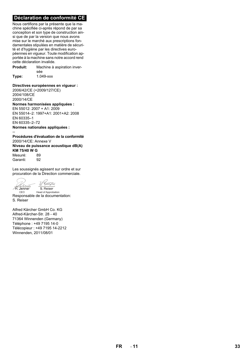 Déclaration de conformité ce | Karcher KM 75-40 W P User Manual | Page 33 / 284