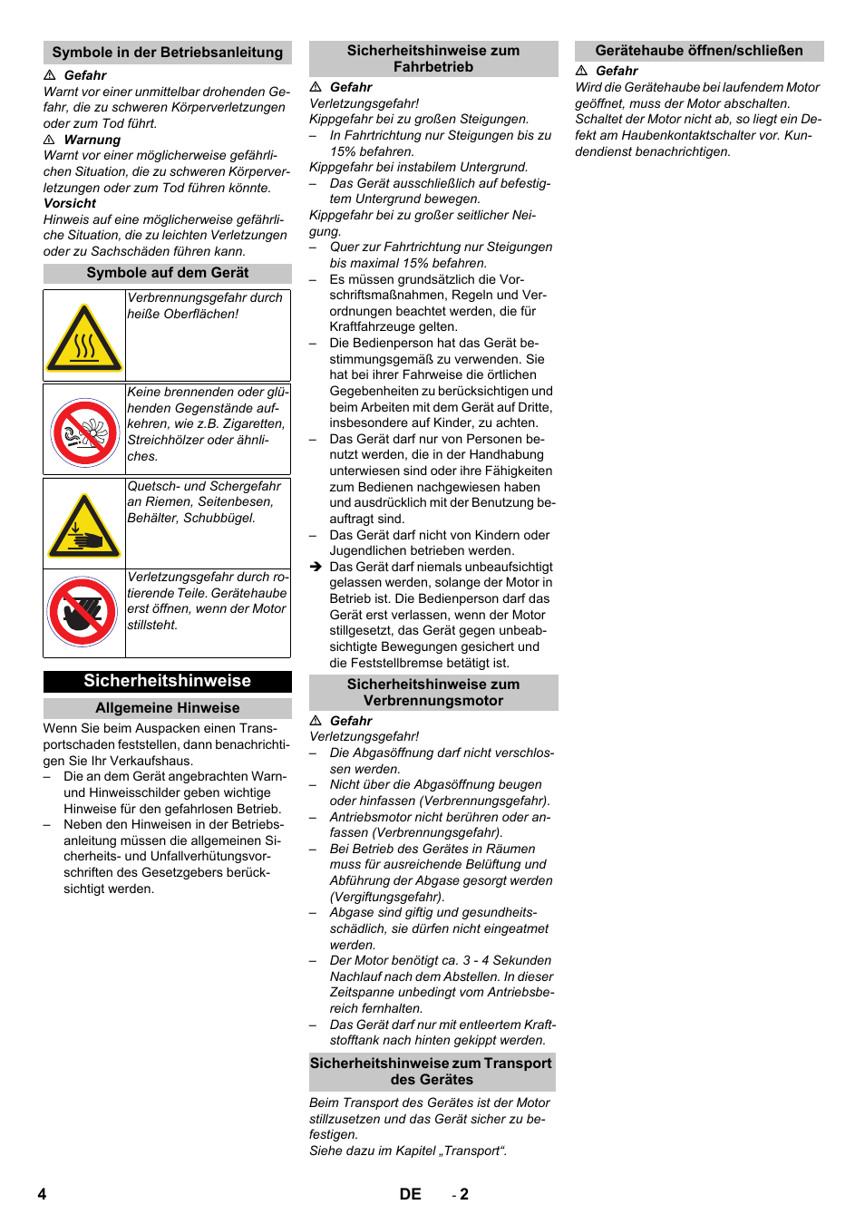 Symbole in der betriebsanleitung, Symbole auf dem gerät, Sicherheitshinweise | Allgemeine hinweise, Sicherheitshinweise zum fahrbetrieb, Sicherheitshinweise zum verbrennungsmotor, Sicherheitshinweise zum transport des gerätes, Gerätehaube öffnen/schließen | Karcher KM 75-40 W P User Manual | Page 4 / 284