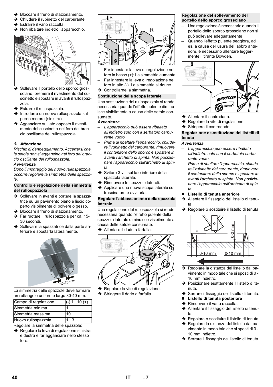 Sostituzione della scopa laterale, Regolare l'abbassamento della spazzola laterale, Regolazione e sostituzione dei listelli di tenuta | Karcher KM 75-40 W P User Manual | Page 40 / 284