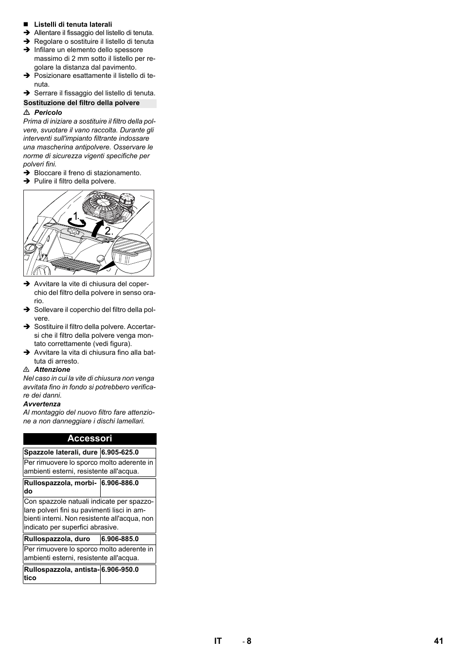 Sostituzione del filtro della polvere, Accessori | Karcher KM 75-40 W P User Manual | Page 41 / 284