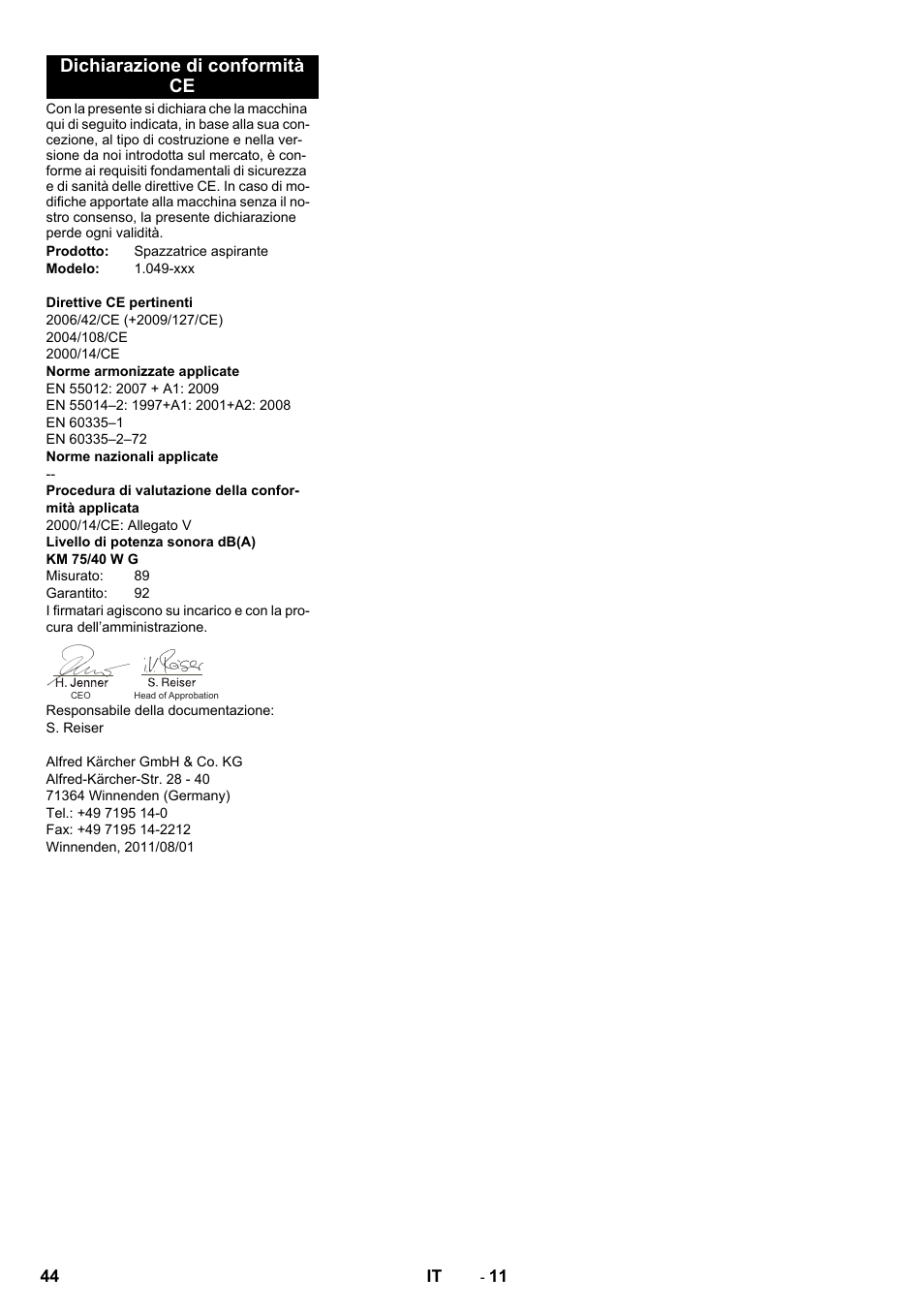 Dichiarazione di conformità ce | Karcher KM 75-40 W P User Manual | Page 44 / 284
