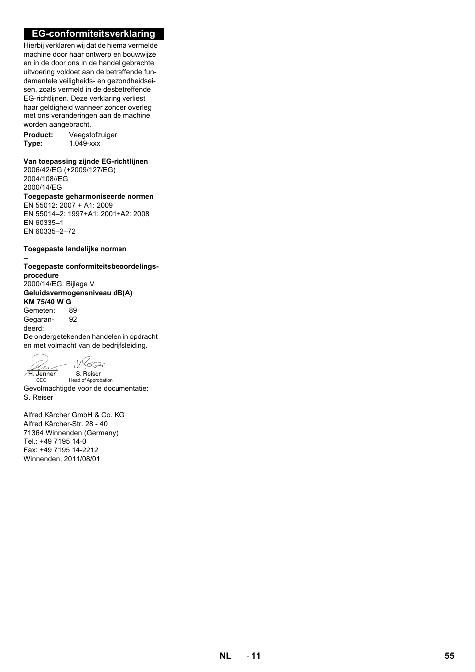 Eg-conformiteitsverklaring | Karcher KM 75-40 W P User Manual | Page 55 / 284