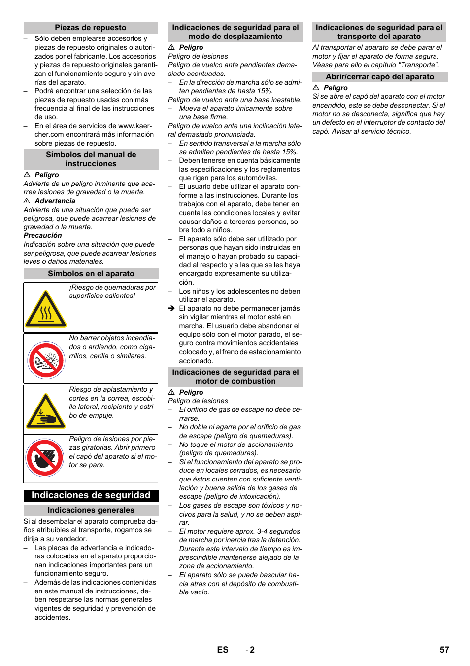 Piezas de repuesto, Símbolos del manual de instrucciones, Símbolos en el aparato | Indicaciones de seguridad, Indicaciones generales, Abrir/cerrar capó del aparato | Karcher KM 75-40 W P User Manual | Page 57 / 284
