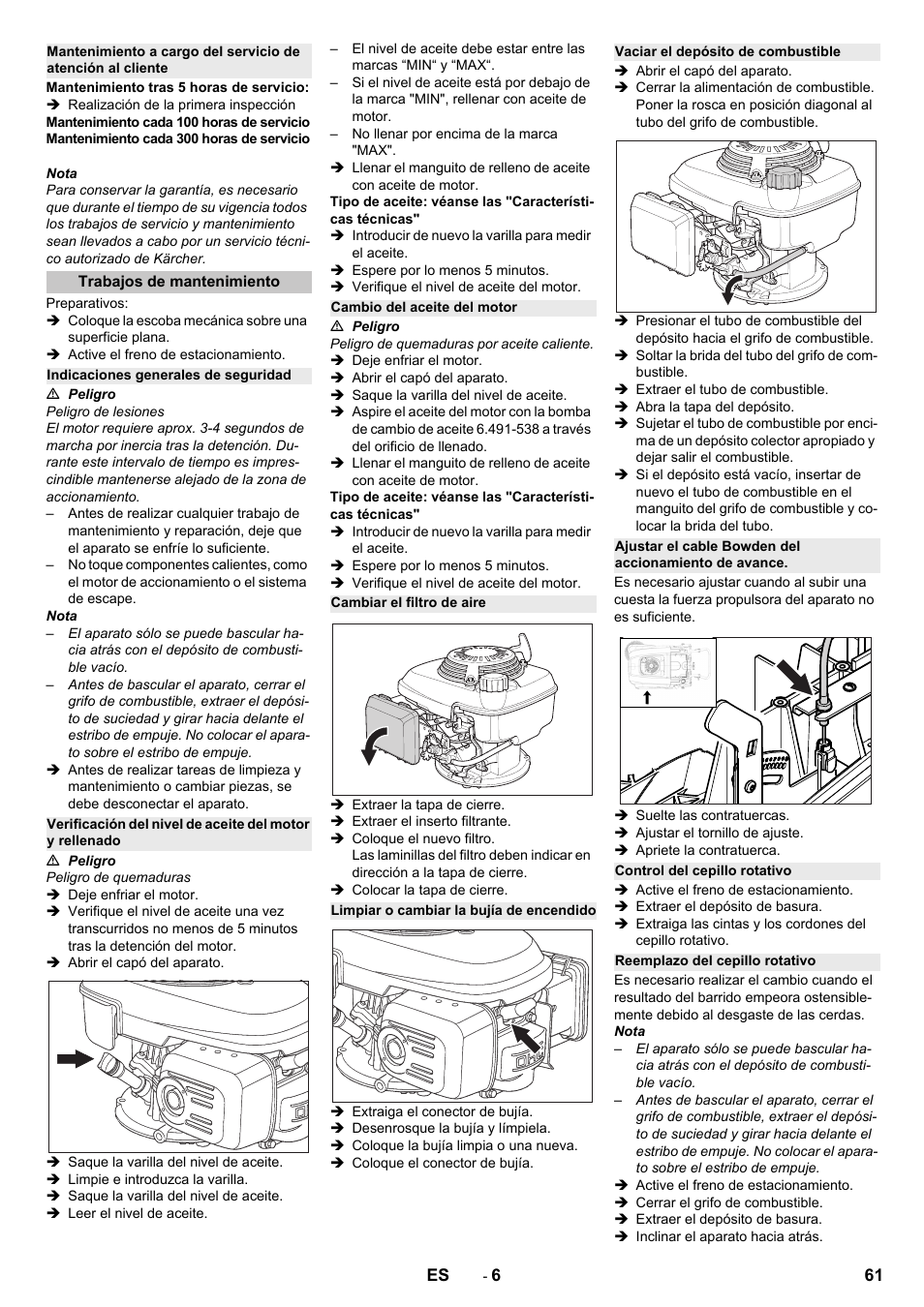Trabajos de mantenimiento, Indicaciones generales de seguridad, Cambio del aceite del motor | Cambiar el filtro de aire, Limpiar o cambiar la bujía de encendido, Vaciar el depósito de combustible, Control del cepillo rotativo, Reemplazo del cepillo rotativo | Karcher KM 75-40 W P User Manual | Page 61 / 284