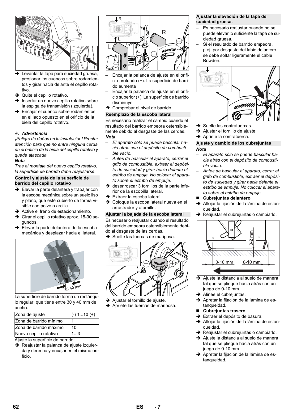 Reemplazo de la escoba lateral, Ajustar la bajada de la escoba lateral, Ajustar la elevación de la tapa de suciedad gruesa | Ajuste y cambio de los cubrejuntas | Karcher KM 75-40 W P User Manual | Page 62 / 284