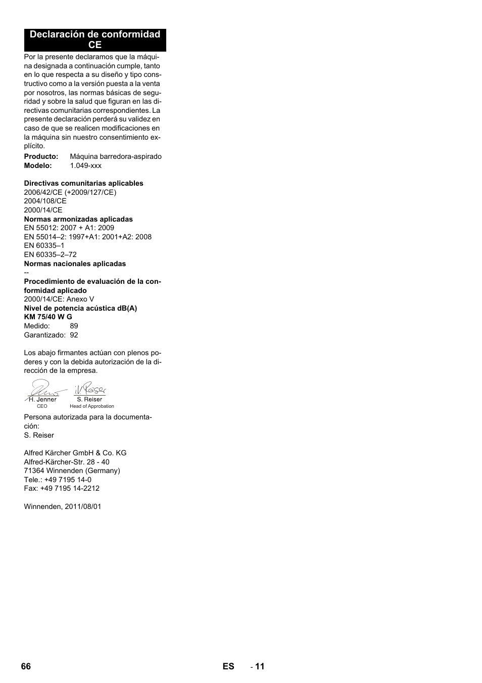 Declaración de conformidad ce | Karcher KM 75-40 W P User Manual | Page 66 / 284