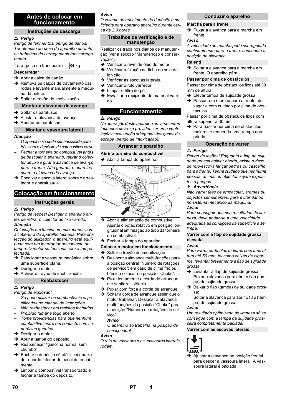 Antes de colocar em funcionamento, Instruções de descarga, Descarregar | Montar a alavanca de avanço, Montar a vassoura lateral, Colocação em funcionamento, Instruções gerais, Reabastecer, Trabalhos de verificação e de manutenção, Funcionamento | Karcher KM 75-40 W P User Manual | Page 70 / 284