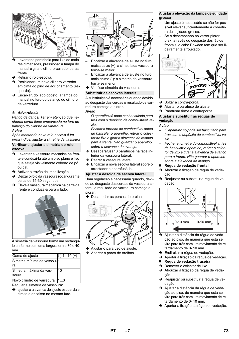 Verificar e ajustar a simetria do rolo- escova, Substituir as escovas laterais, Ajustar a descida da escova lateral | Ajustar a elevação da tampa de sujidade grossa, Ajustar e substituir as réguas de vedação | Karcher KM 75-40 W P User Manual | Page 73 / 284