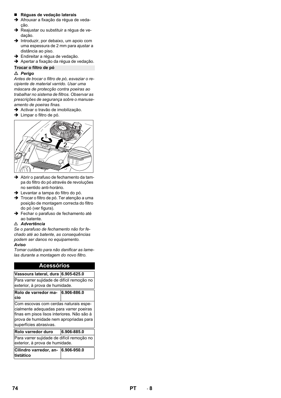 Trocar o filtro de pó, Acessórios | Karcher KM 75-40 W P User Manual | Page 74 / 284