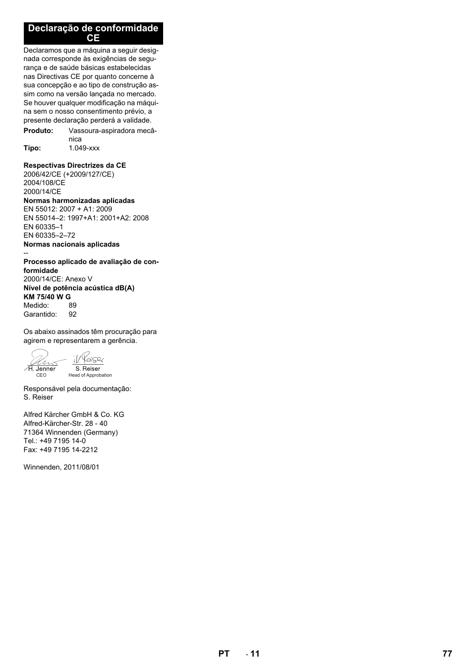 Declaração de conformidade ce | Karcher KM 75-40 W P User Manual | Page 77 / 284