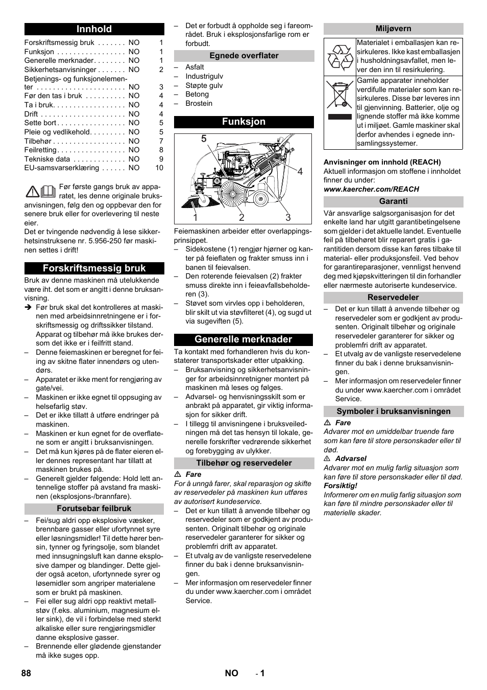 Norsk, Innhold, Forskriftsmessig bruk | Forutsebar feilbruk, Egnede overflater, Funksjon, Generelle merknader, Tilbehør og reservedeler, Miljøvern, Garanti | Karcher KM 75-40 W P User Manual | Page 88 / 284