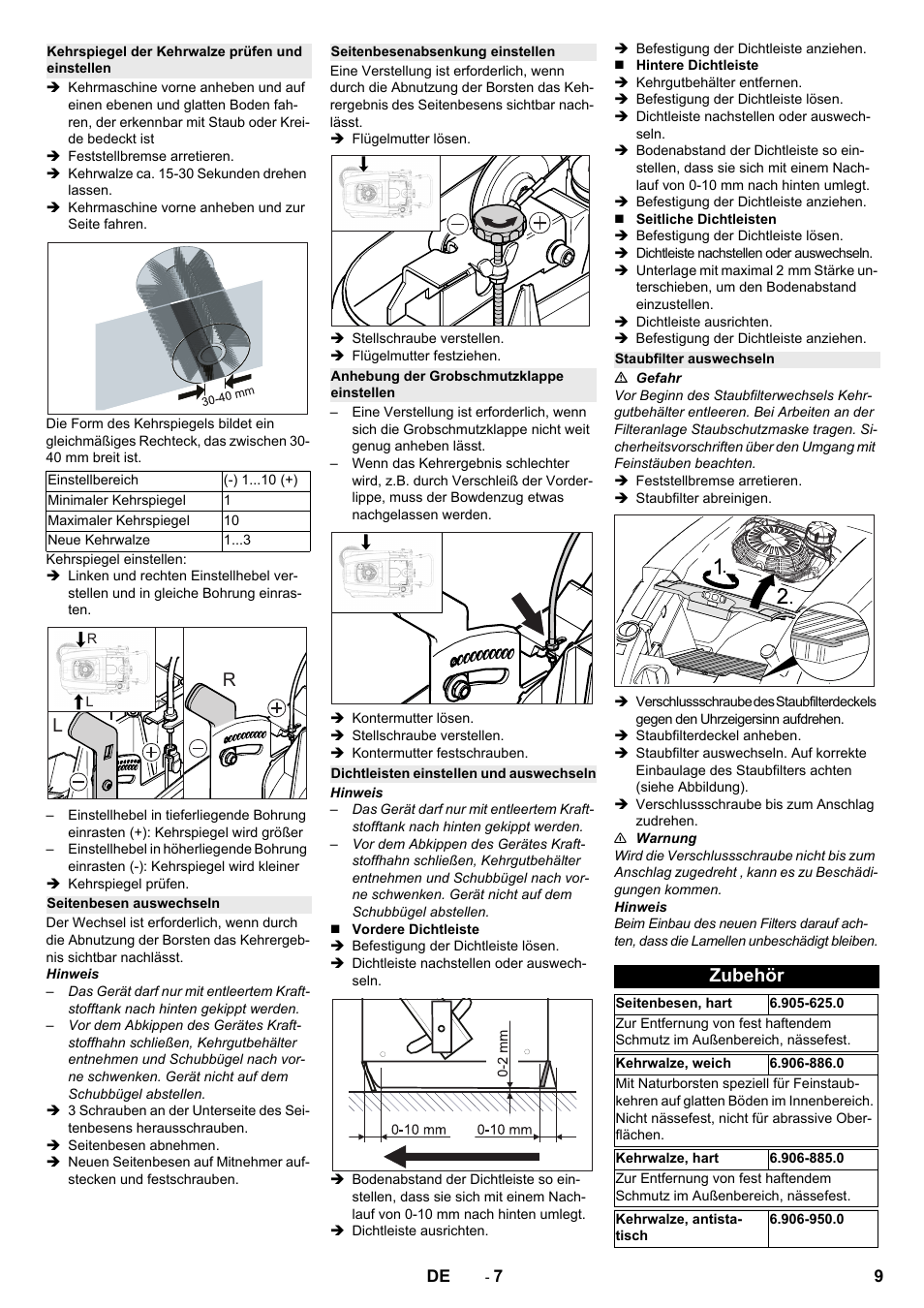 Kehrspiegel der kehrwalze prüfen und einstellen, Seitenbesen auswechseln, Seitenbesenabsenkung einstellen | Anhebung der grobschmutzklappe einstellen, Dichtleisten einstellen und auswechseln, Staubfilter auswechseln, Zubehör | Karcher KM 75-40 W P User Manual | Page 9 / 284