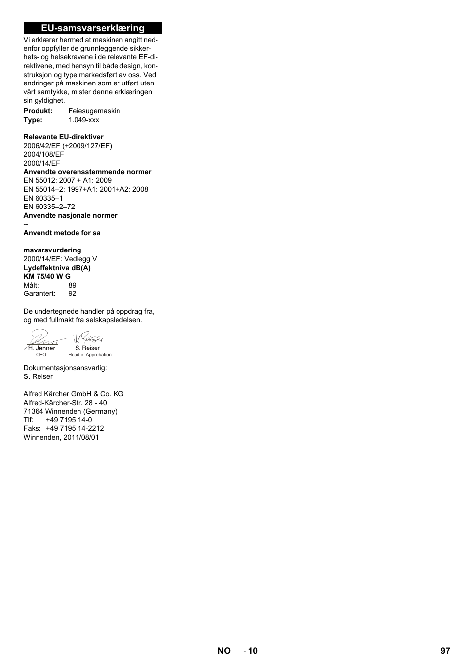 Eu-samsvarserklæring | Karcher KM 75-40 W P User Manual | Page 97 / 284