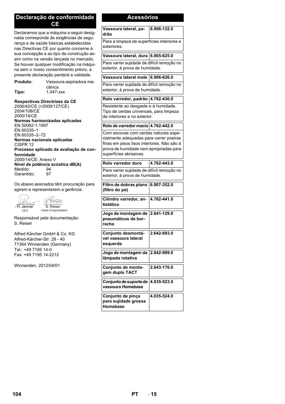Declaração de conformidade ce, Acessórios | Karcher KM 90-60 R P Advanced User Manual | Page 104 / 397