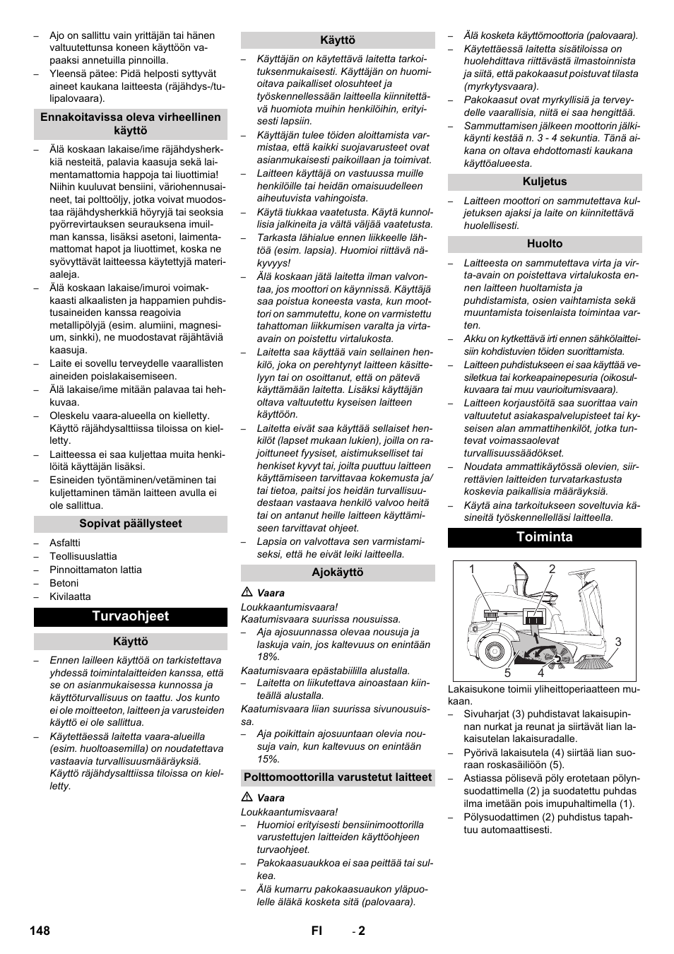 Turvaohjeet, Toiminta | Karcher KM 90-60 R P Advanced User Manual | Page 148 / 397
