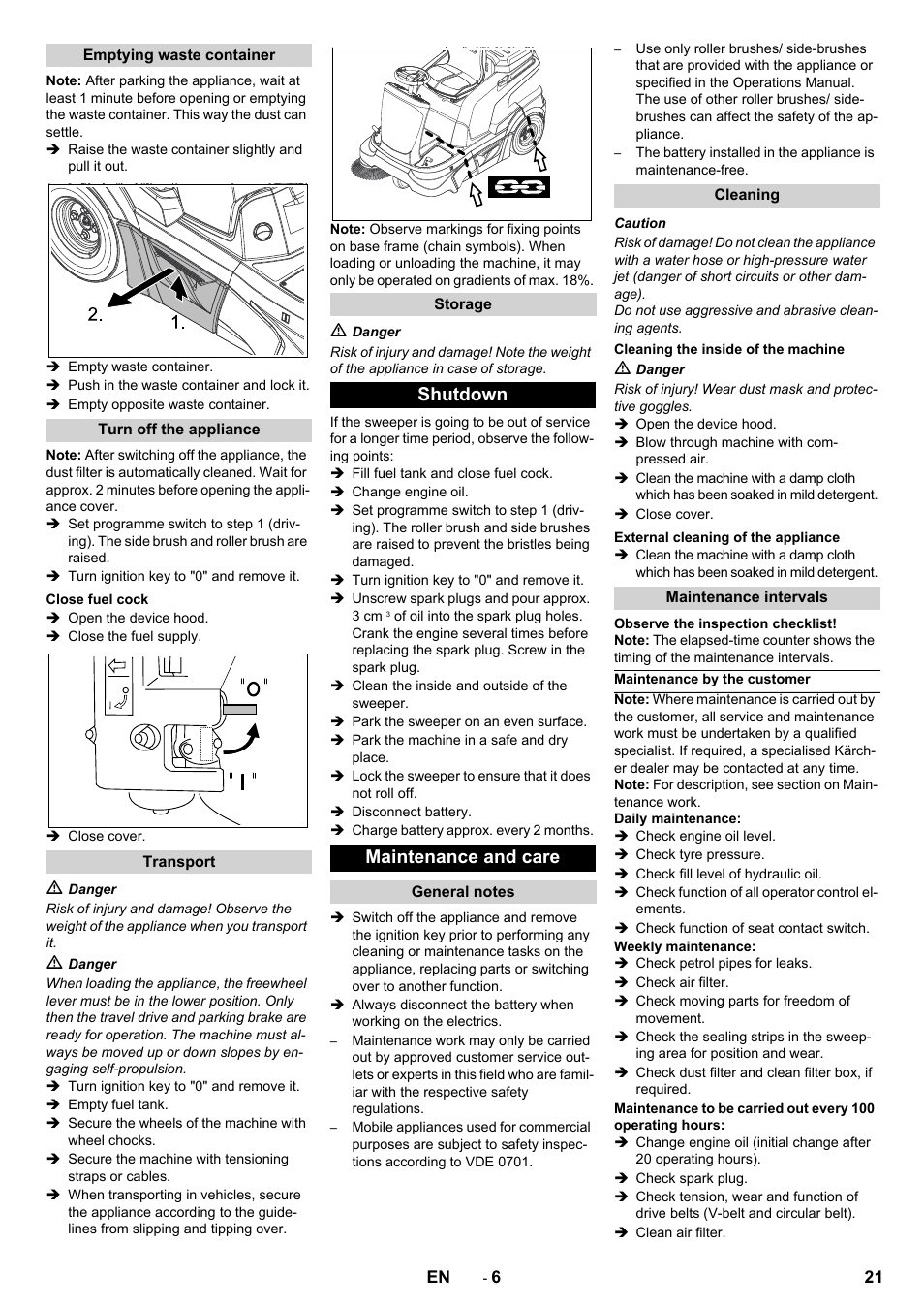 Shutdown maintenance and care | Karcher KM 90-60 R P Advanced User Manual | Page 21 / 397