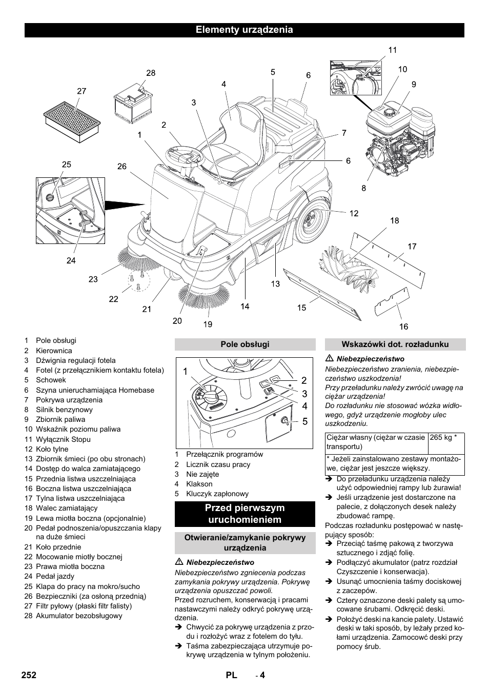 Elementy urządzenia, Przed pierwszym uruchomieniem | Karcher KM 90-60 R P Advanced User Manual | Page 252 / 397